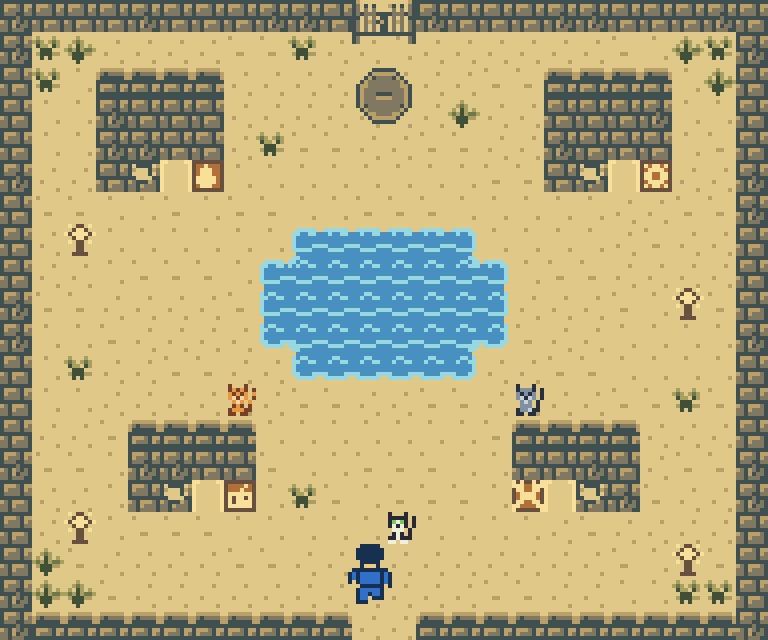 The settlement restored: a blue water basin, stone huts, warm lamps and the player and all three cats, Moose, Mona and Merlin.